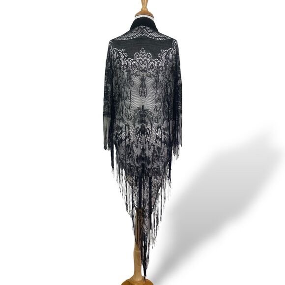 Worthington Black Sheer Shawl Wrap Triangle Fringe Head Cover Lace Mantilla Veil - Picture 2 of 8